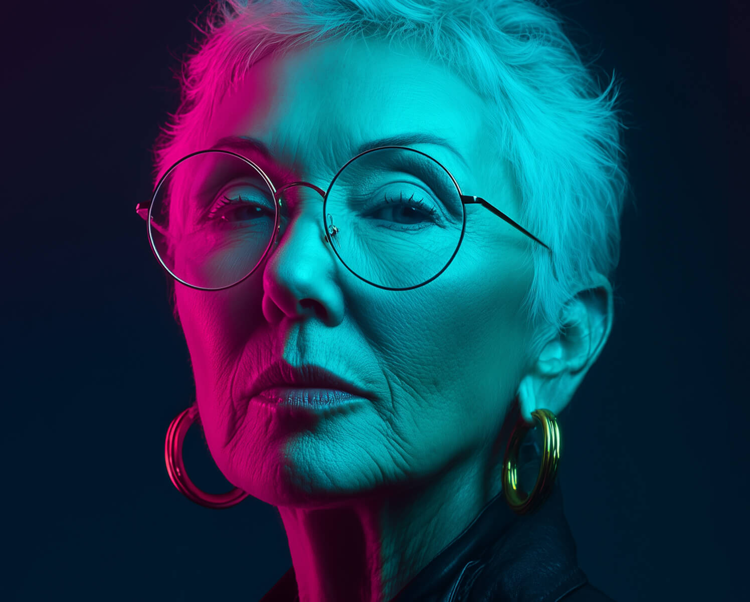 Dramatic close-up portrait of a confident elderly woman with short silver-gray cropped hair, deep expressive wrinkles, piercing gaze through round clear-framed glasses, large gold hoop earrings, illuminated by vibrant cyan and magenta neon lighting creating a striking high-contrast cyberpunk effect against dark background