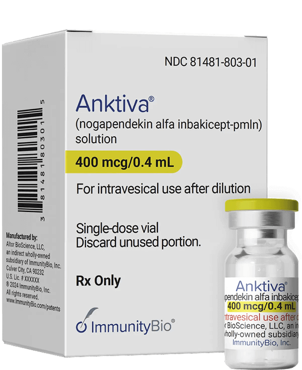 Gemini said Anktiva (nogapendekin alfa inbakicept-pmln) solution 400 mcg/0.4 mL product packaging and single-dose vial for intravesical use, manufactured by ImmunityBio.