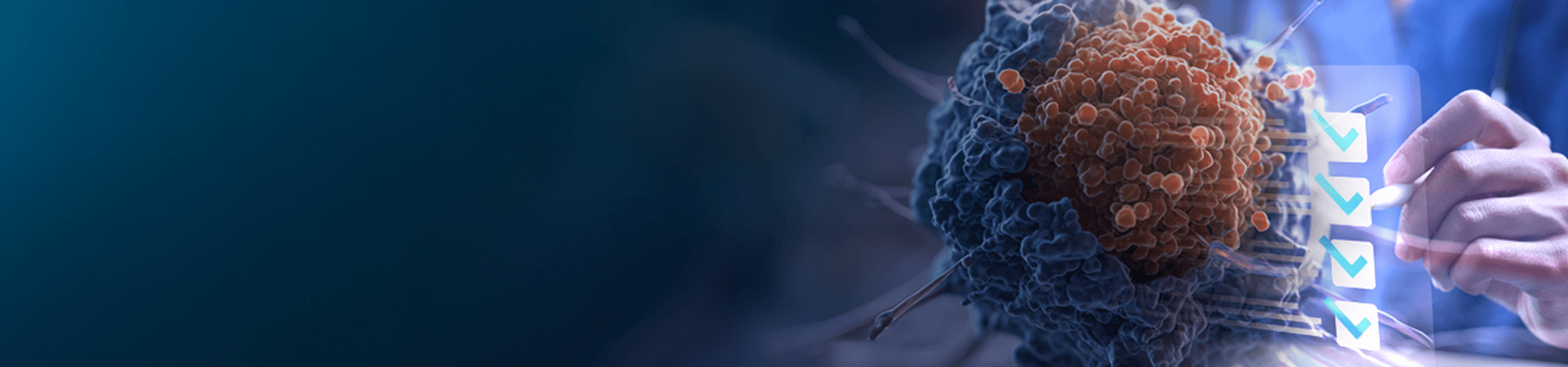 Detailed 3D medical visualization of a textured orange-brown cancer cell with tendrils, alongside a doctor’s hand using a stylus to mark teal checkmarks on a transparent holographic checklist interface, symbolizing treatment or analysis on dark blue background.