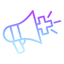 Megaphone icon with sound/emphasis lines emanating from the speaker, rendered in purple-to-cyan neon gradient outline on black background.