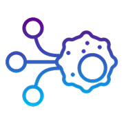 Compound molecule or cell icon in purple-to-cyan neon gradient line style on black background.