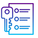 Neon line icon of a key next to a document with bullet points, featuring purple-to-cyan gradient glow on black background.
