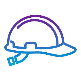 Hard hat icon with purple-to-cyan neon gradient outline on black background.