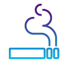 Cigarette icon with rising smoke, depicted in purple-to-cyan neon gradient line style on black background.