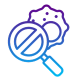 Undiagnosed icon: neon purple-to-cyan gradient magnifying glass containing a prohibition symbol (circle with slash) examining a stylized cell or irregular shape on black background.